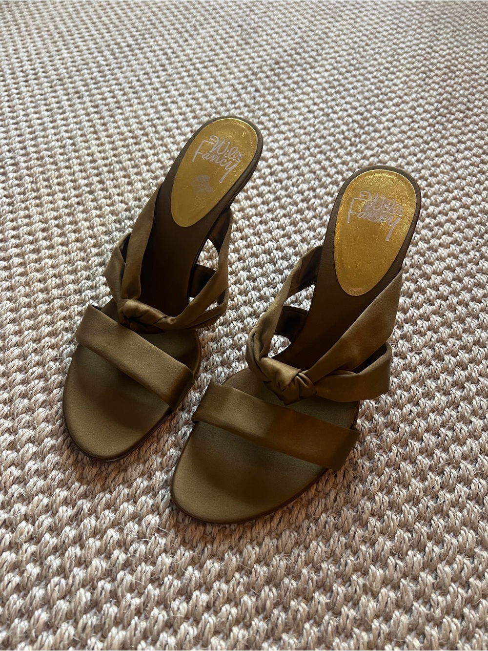Chartreuse Olive Satin Knot Mule Double Straps Slide Heeled Sandals 9.5